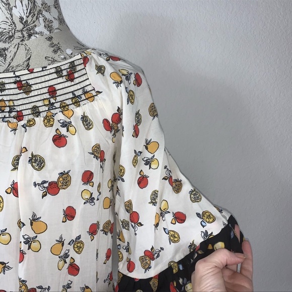 Democracy fruit print off the shoulder blouse smocked neck peasant boho top - Picture 3 of 8